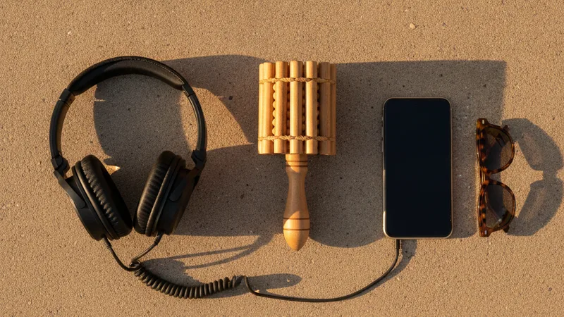 Overhead flat lay of a shaker, headphones, a smartphone and sunglasses on warm concrete