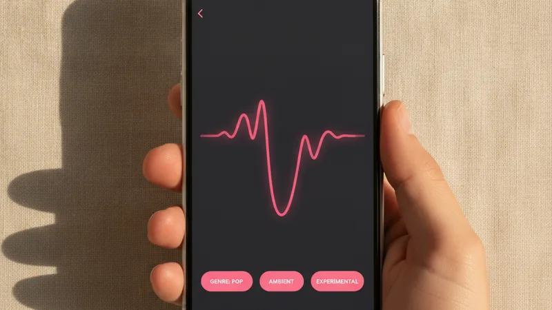 Hand holding an iPhone showing a music generator app with a pink waveform and genre tags