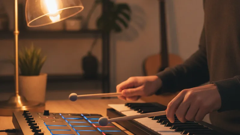 Hands playing an electronic drum pad controller beside a keyboard in a warm home studio