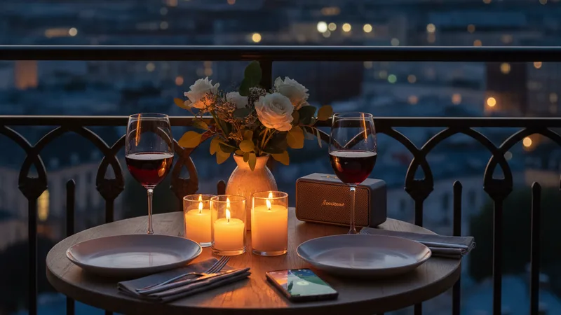 Romantic candlelit dinner for two on a small balcony at dusk with city lights softly blurred in the background, two glasses of wine and a small bouquet on the table, an iPhone visible playing music near a small Bluetooth speaker, candid lifestyle photography, warm amber tones
