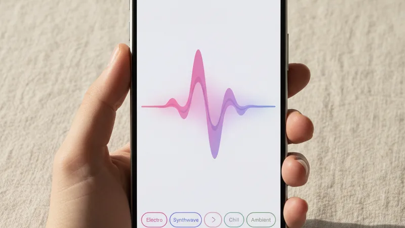 Hand holding an iPhone in portrait orientation showing a music generator app with a vibrant pink waveform and genre tags on a clean linen background, product photography style, soft directional daylight, warm neutral palette