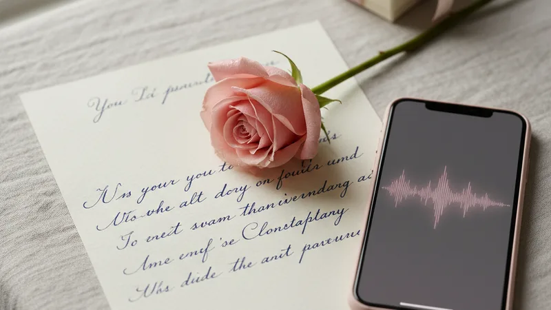 Close-up flat lay of a handwritten anniversary letter on linen tablecloth next to a single rose, an iPhone displaying a soft pink audio waveform on its screen, a small wrapped gift in the background, soft natural daylight, intimate detail photography in editorial style