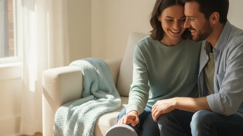 Couple sitting close together on a sofa listening to music through a small Bluetooth speaker on the coffee table, an iPhone next to the speaker showing a music app, soft afternoon window light, intimate candid lifestyle photography, warm pastel tones