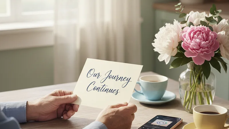 Hands of an older couple holding open a handwritten anniversary card across a small wooden kitchen table, an iPhone showing a music app beside a vase of fresh flowers and two coffee cups, soft morning window light, candid lifestyle photography, warm pastel tones