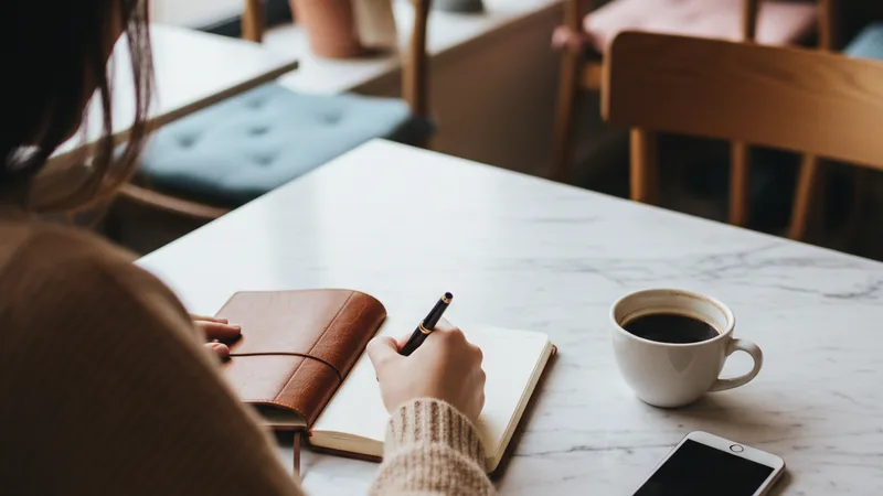 Person writing in a leather notebook on a marble cafe table next to an iPhone and a coffee cup, soft natural window light from the side, candid over-the-shoulder lifestyle photography, warm wood and pastel tones