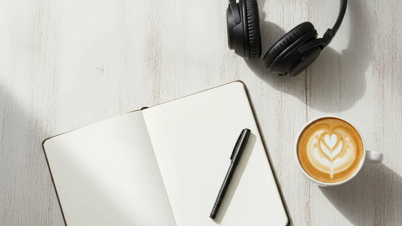 Overhead flat lay of a notebook, a latte, a pen and headphones on a pale wooden table