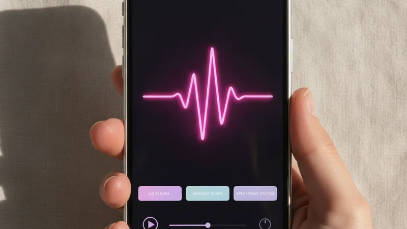 Hand holding an iPhone showing a music generator app with a pink waveform and genre tags