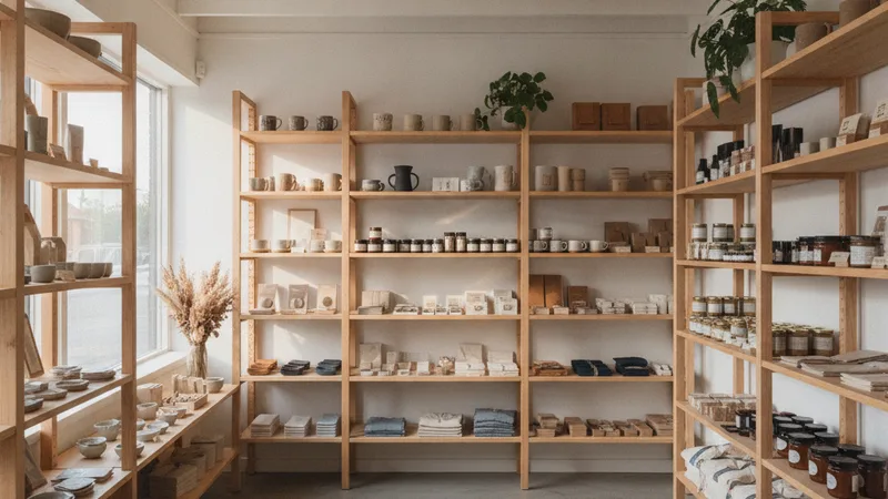 Small independent retail shop interior with wooden shelves and a ceiling speaker