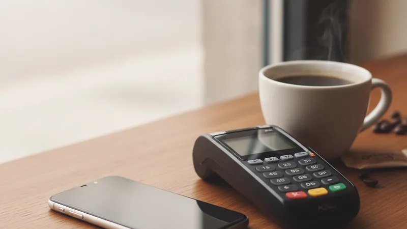 A smartphone lying on a cafe counter beside a coffee cup and a card reader
