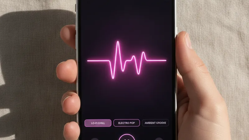 Hand holding an iPhone in portrait orientation showing a music generator app interface with a bright pink waveform and genre tags, clean neutral linen background, product photography style, soft directional daylight