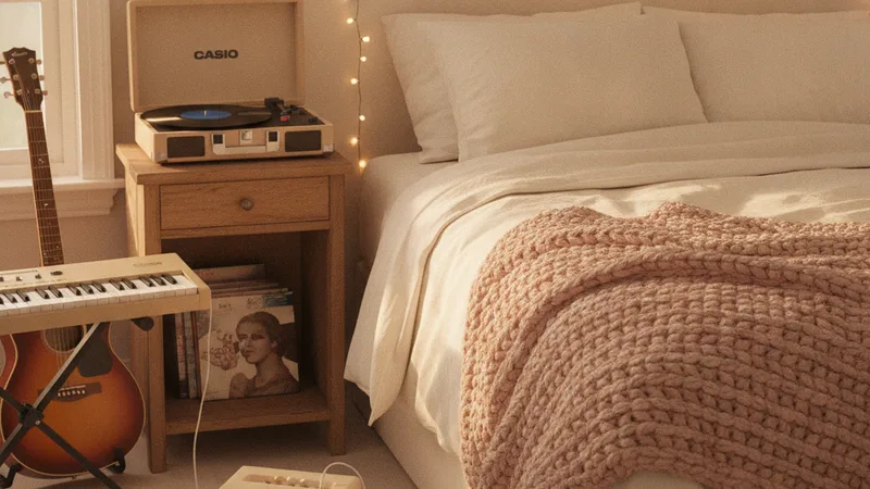 Wide cozy bedroom scene with a small string of warm fairy lights on the wall a folded blanket on a soft bed a vinyl record player on a nightstand a small Casio keyboard a vintage acoustic guitar and an iPhone connected to a small Bluetooth speaker, soft warm afternoon window light, candid documentary photography in editorial style, intimate dreamy mood, warm pastel and amber tones