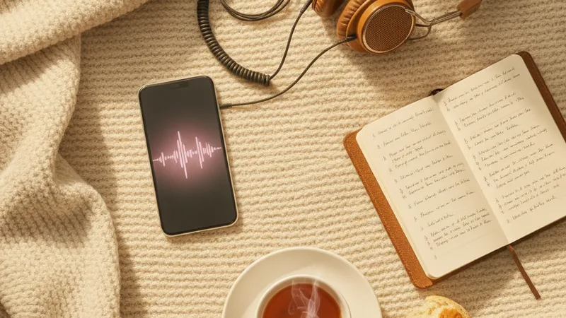 Flat lay of an iPhone displaying a soft pink audio waveform on a knitted blanket next to a small leather notebook with handwritten lyrics a pair of vintage headphones and a cup of tea, soft warm window light, intimate detail photography in editorial style, warm pastel and amber tones