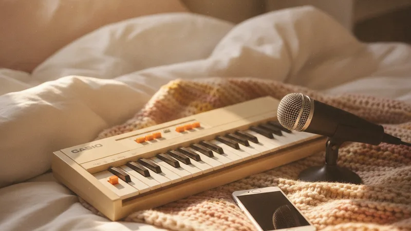 Close-up of a vintage Casio keyboard and a small condenser microphone on a soft bed in a cozy bedroom with a folded knitted blanket and an iPhone resting nearby, soft warm afternoon window light, candid still-life photography in editorial style, intimate dreamy mood, warm pastel and amber tones