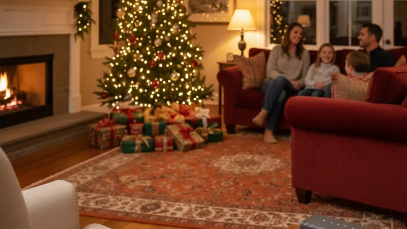 Wide warm living room scene at evening with a Christmas tree softly lit in the corner an iPhone connected to a small Bluetooth speaker on a side table several wrapped presents under the tree and a family gathered in the soft background, soft warm ambient holiday lighting, candid documentary photography in editorial style, warm cozy holiday mood, warm amber and red tones