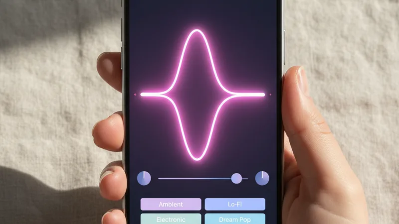 Hand holding an iPhone in portrait orientation showing a music generator app interface with a bright pink waveform and genre tags, clean neutral linen background, product photography style, soft directional daylight