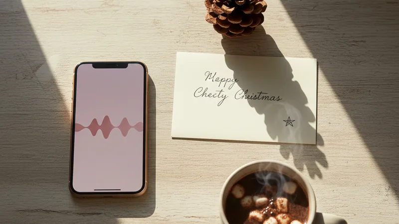 Flat lay of an iPhone displaying a soft pink audio waveform on a wooden kitchen table next to a small handwritten Christmas card a pine cone and a small ceramic mug of cocoa, soft warm window light, intimate detail photography in editorial style, warm cozy holiday tones
