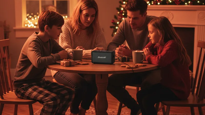 Family of three or four gathered around a small kitchen table in soft Christmas evening light listening together to music from an iPhone connected to a small speaker, warm cozy mood, candid documentary lifestyle photography in editorial style, warm amber and red tones