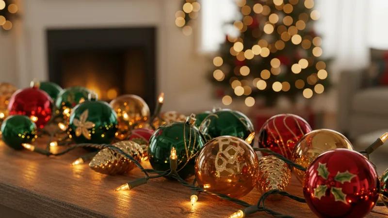 Close-up of classic Christmas tree ornaments and a string of warm Christmas lights on a wooden mantel, soft warm ambient holiday lighting, candid still-life photography in editorial style, traditional warm amber and red tones, slight feeling of familiar predictability