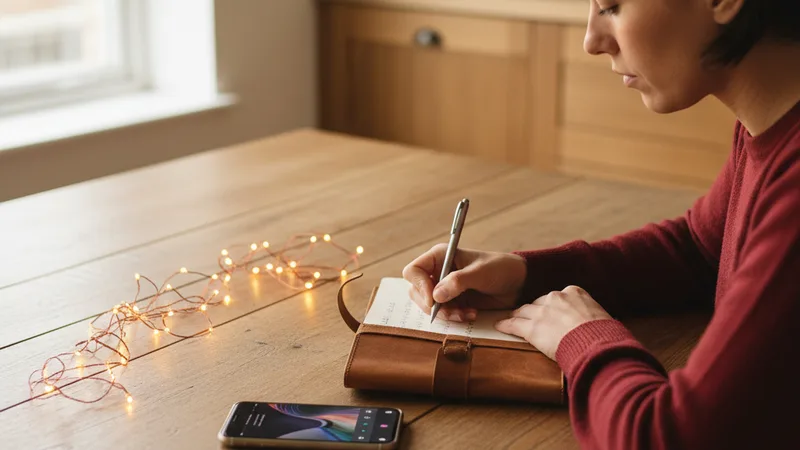 Person writing in a leather notebook at a wooden kitchen table beside an iPhone showing a music app and a small string of warm Christmas lights, soft natural window light, candid lifestyle photography in editorial style, focused reflective holiday mood, warm wood and amber tones, focused over-the-shoulder view