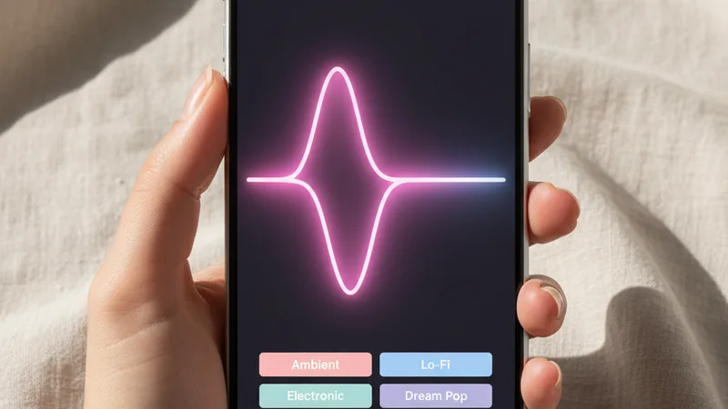 Hand holding an iPhone in portrait orientation showing a music generator app interface with a bright pink waveform and genre tags, clean neutral linen background, product photography style, soft directional daylight