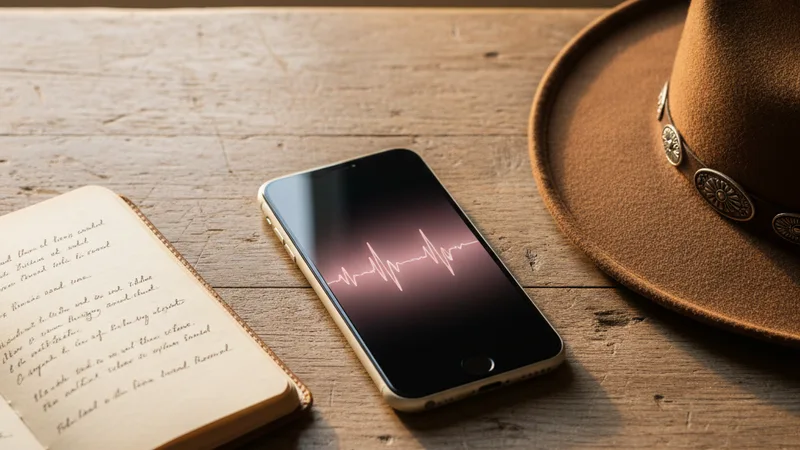 Flat lay of an iPhone showing a soft pink audio waveform on a weathered wooden table next to a small leather notebook with handwritten song lyrics and a felt cowboy hat, soft natural daylight, intimate detail photography in editorial style, warm amber tones