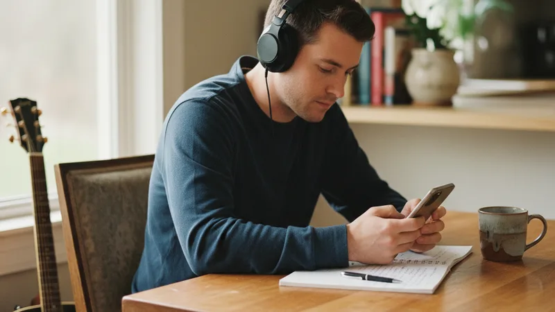 Songwriter at a kitchen table wearing headphones listening intently to playback on an iPhone with an acoustic guitar resting nearby on a chair and a half-empty coffee mug, soft window light, candid documentary lifestyle photography, focused mood, warm wood tones