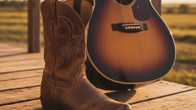 Close-up of a worn brown leather cowboy boot on a wooden porch step next to an acoustic guitar and an iPhone, soft golden hour light, candid lifestyle photography in editorial style, warm amber tones, modern rural Americana aesthetic