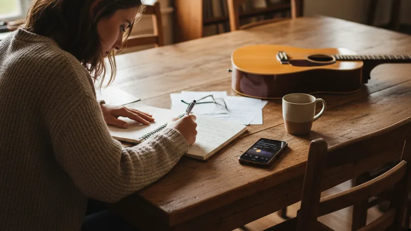 Songwriter sitting at a wooden kitchen table writing lyrics in a notebook with an acoustic guitar leaning against the chair and an iPhone displaying a music app, soft natural window light from the side, candid lifestyle photography in editorial style, warm wood and amber tones, focused over-the-shoulder view