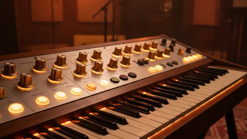 Vintage synthesizer keyboard with illuminated keys in warm amber lighting