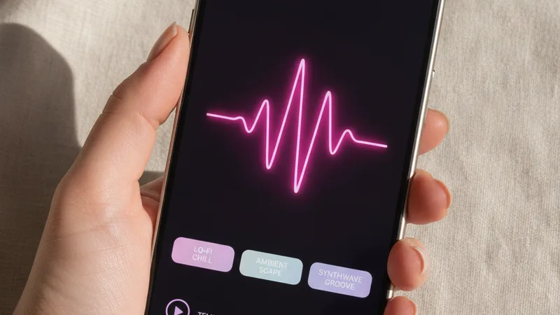 Hand holding iPhone showing music generator app with pink waveform