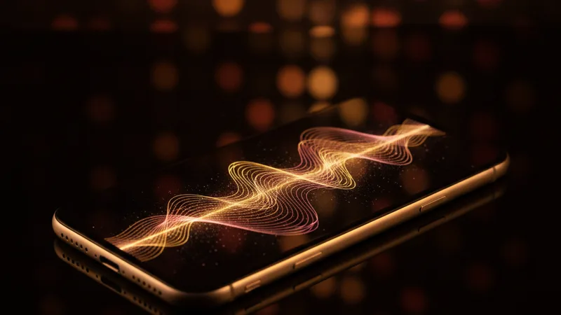 iPhone showing shimmering waveform in gold and pink with disco bokeh background