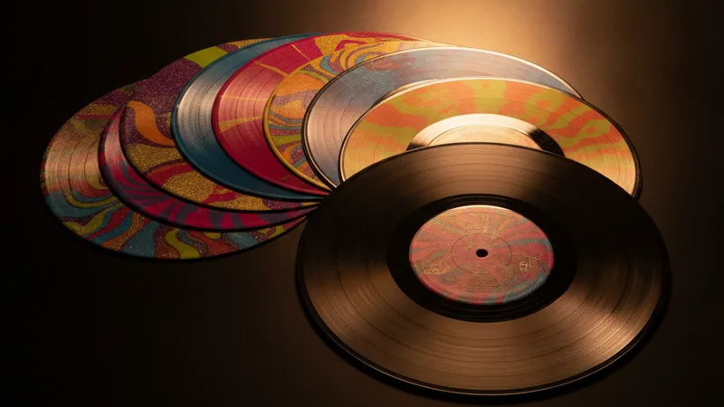 Stack of 1970s disco vinyl records fanned out with warm golden lighting