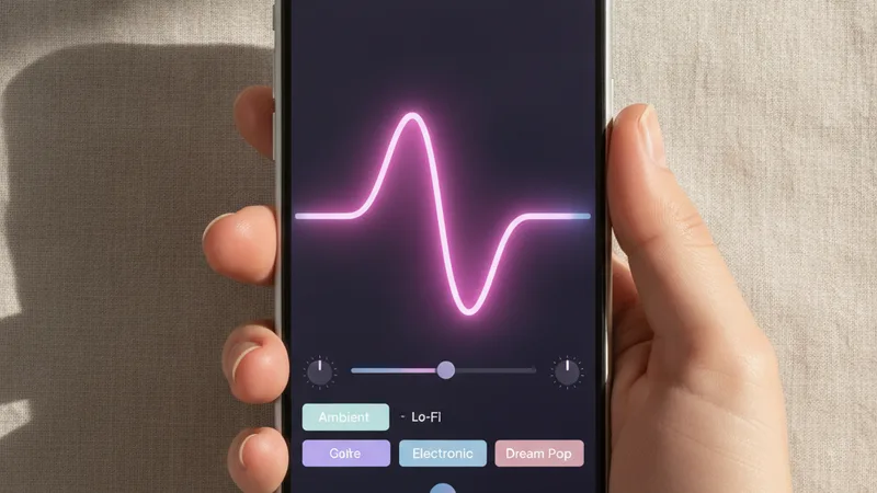 Hand holding an iPhone in portrait orientation showing a music generator app interface with a bright pink waveform and genre tags, clean neutral linen background, product photography style, soft directional daylight