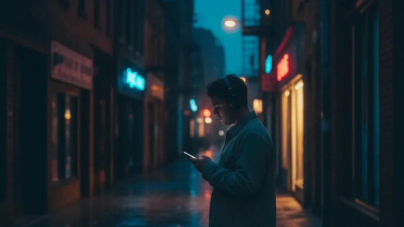 Wide atmospheric scene of a city street at night with blurred neon lights and a young person walking past in headphones holding a phone, dim moody nighttime lighting, candid documentary photography in editorial style, focused mood, deep blue and crimson tones with neon accents