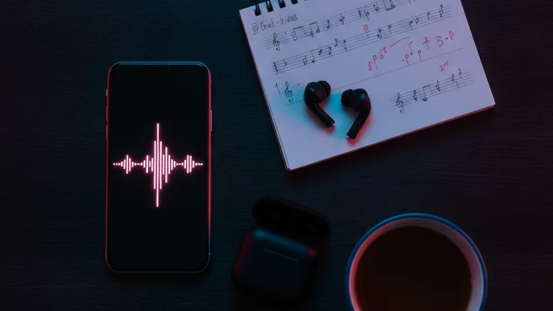 Flat lay of an iPhone displaying a vibrant pink audio waveform on a dark desk next to a small notebook with handwritten beat notes a pair of wireless earbuds and a coffee mug, dim atmospheric blue lighting, intimate detail photography in editorial style, focused mood, deep blue and crimson tones