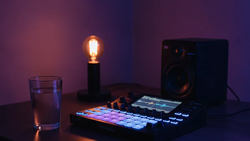 Close-up of a Roland MPC controller and a subwoofer speaker on a dark wooden desk next to a glass of water in a dimly lit home studio with a small lamp glowing, dim atmospheric blue and purple lighting, candid still-life photography in editorial style, focused mood, deep blue and crimson tones