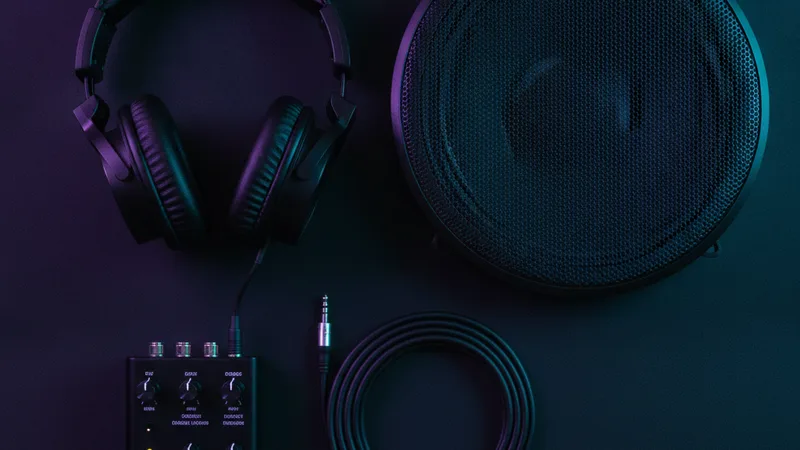Overhead flat lay of headphones, a speaker grille and cables under purple and cyan light