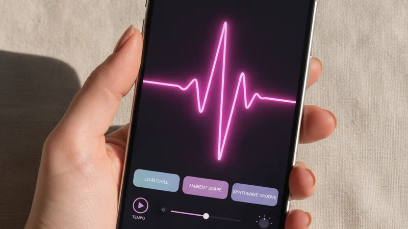 Hand holding an iPhone showing a music generator app with a pink waveform and genre tags