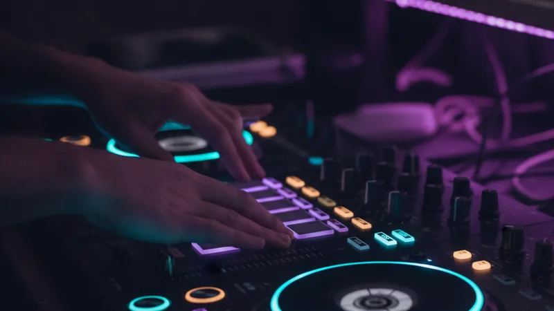 Hands on a DJ controller with illuminated pads and knobs in a dark studio