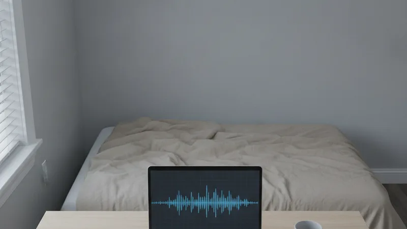 A laptop in a plain bedroom showing a generic audio waveform on screen