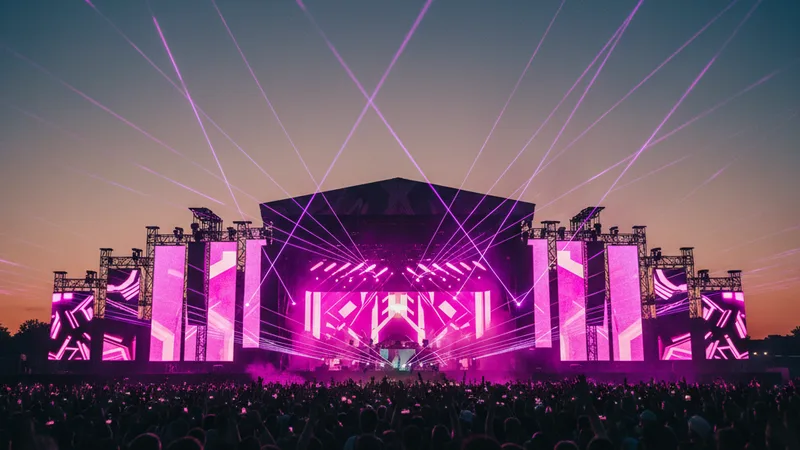 Massive outdoor electronic music festival main stage at dusk, silhouetted crowd with hands raised, vibrant magenta and violet LED stage lighting, lasers cutting through stage fog, cinematic concert photography with shallow depth of field