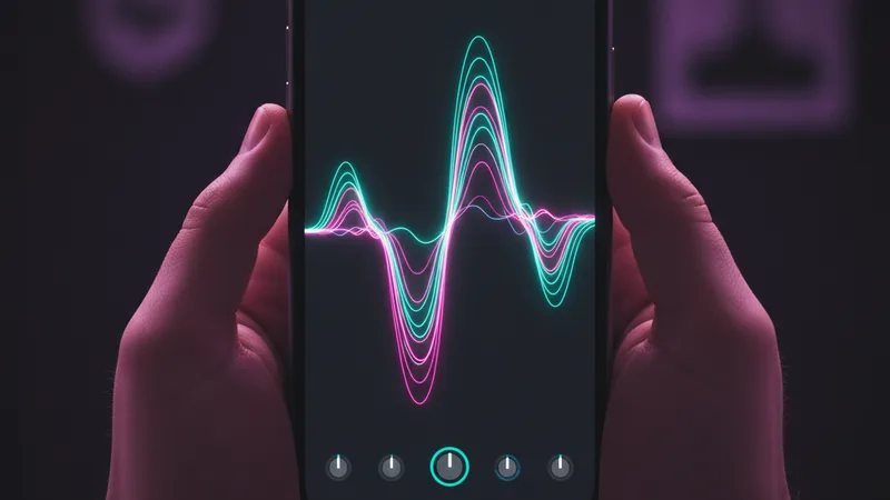 Hands holding an iPhone in portrait orientation showing a music generation app with vibrant teal and magenta EDM-style audio waveform on screen, dark moody minimal background with subtle violet ambient light, sharp product photography style