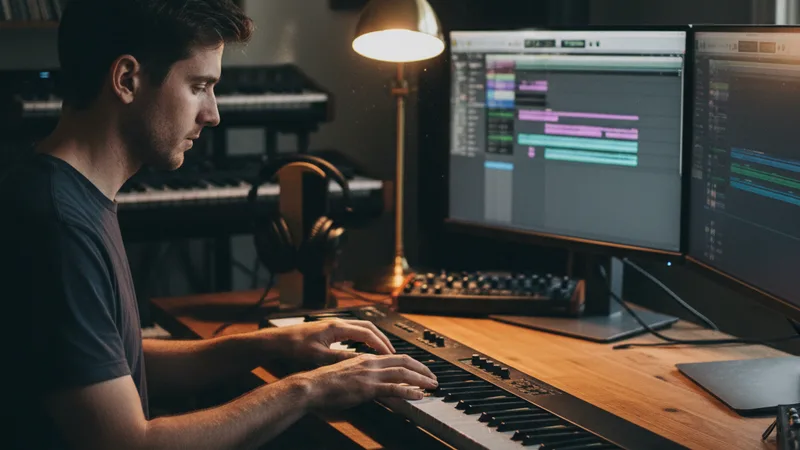 Musician at a home studio workstation with a midi keyboard and dual monitors showing DAW software, warm desk lamp light, headphones on stand beside keyboard, candid music-producer lifestyle photography in dark moody editorial style