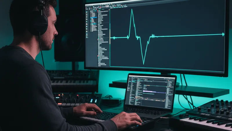 Producer wearing oversized headphones at a home studio desk reviewing an EDM waveform on a large monitor with a visible drop section, dark room with soft teal and magenta ambient lighting, candid lifestyle music-producer photography in editorial style