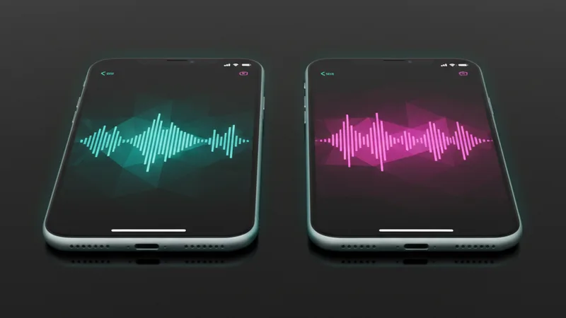 Two iPhones side by side on a glossy dark surface displaying AI music app interfaces with vivid teal and magenta audio waveform animations on screen, soft cyan rim lighting along device edges, minimalist comparison product photography in editorial style