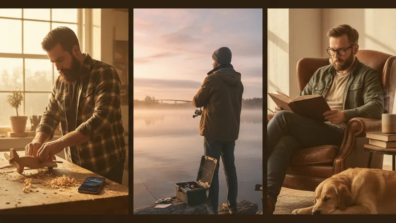 Wide split workspace scene showing three different father moments - a dad at a woodworking workbench a dad fishing at a lake at dawn and a dad reading a book in a worn armchair - all with iPhones nearby in soft natural light, candid documentary photography in editorial style, warm amber and sepia tones