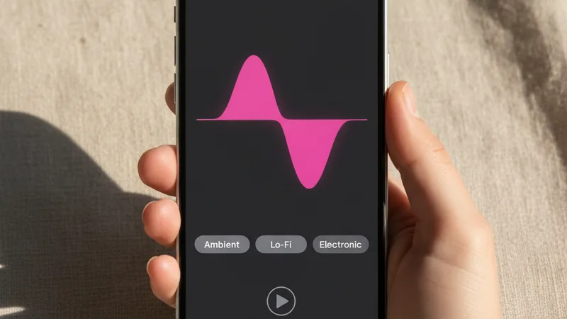 Hand holding an iPhone in portrait orientation showing a music generator app interface with a bright pink waveform and genre tags, clean neutral linen background, product photography style, soft directional daylight