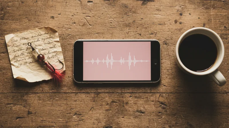 Flat lay of an iPhone displaying a soft pink audio waveform on a worn wooden workbench next to a small vintage handwritten note an old fishing lure and a coffee cup, soft natural daylight, intimate detail photography in editorial style, warm sepia and amber tones