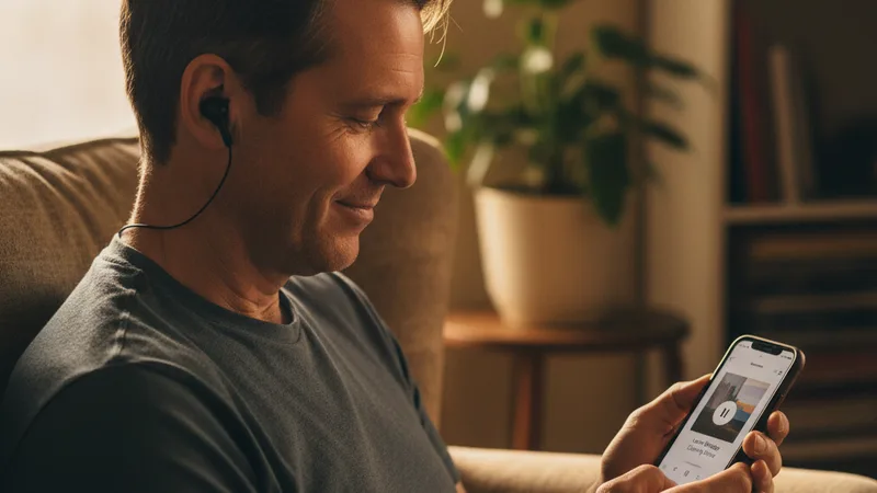 Middle-aged father wearing wireless earbuds sitting in a worn armchair holding an iPhone showing a music app paused, slight smile visible suggesting an emotional moment, soft warm window light, candid documentary lifestyle photography in editorial style, reflective touched mood, warm amber tones