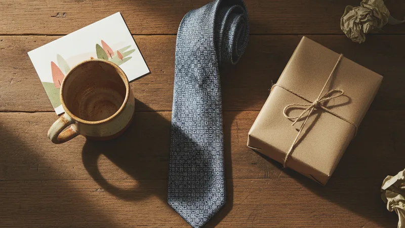 Overhead flat lay of a pile of generic Father's Day gifts including a folded necktie a coffee mug a card and a wrapped box on a wooden table, soft natural daylight, candid still-life photography in editorial style, warm muted tones suggesting tired predictability